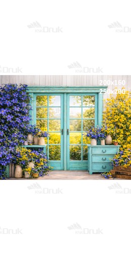 Tło fotograficzne „Turkusowe drzwi wśród niebiesko-żółtych kwiatów” | E836